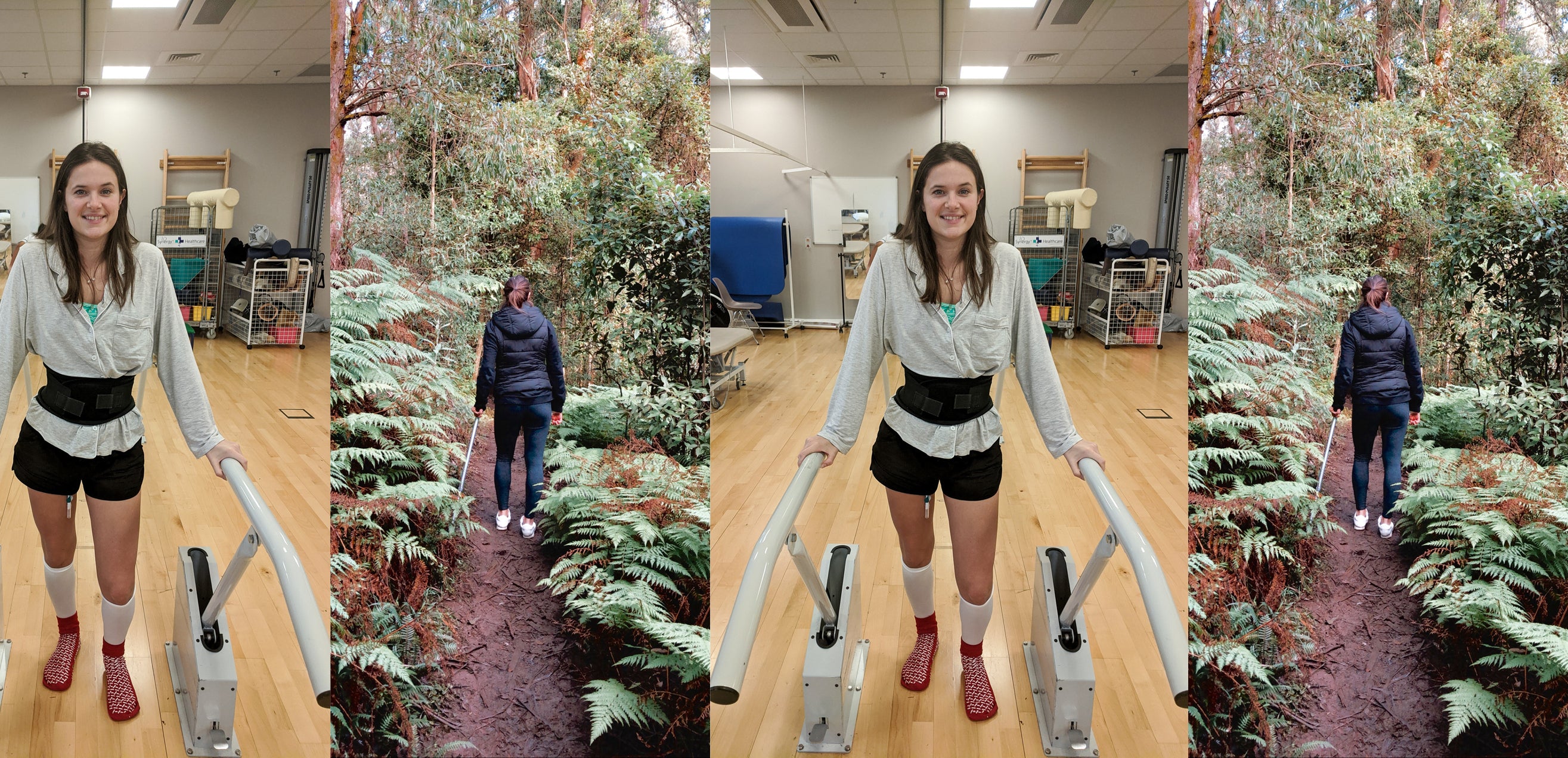 Alt text: Alternating photos of Sarah relearning to walk in rehab & second photo shows Sarah on a nature walk with just a cane.