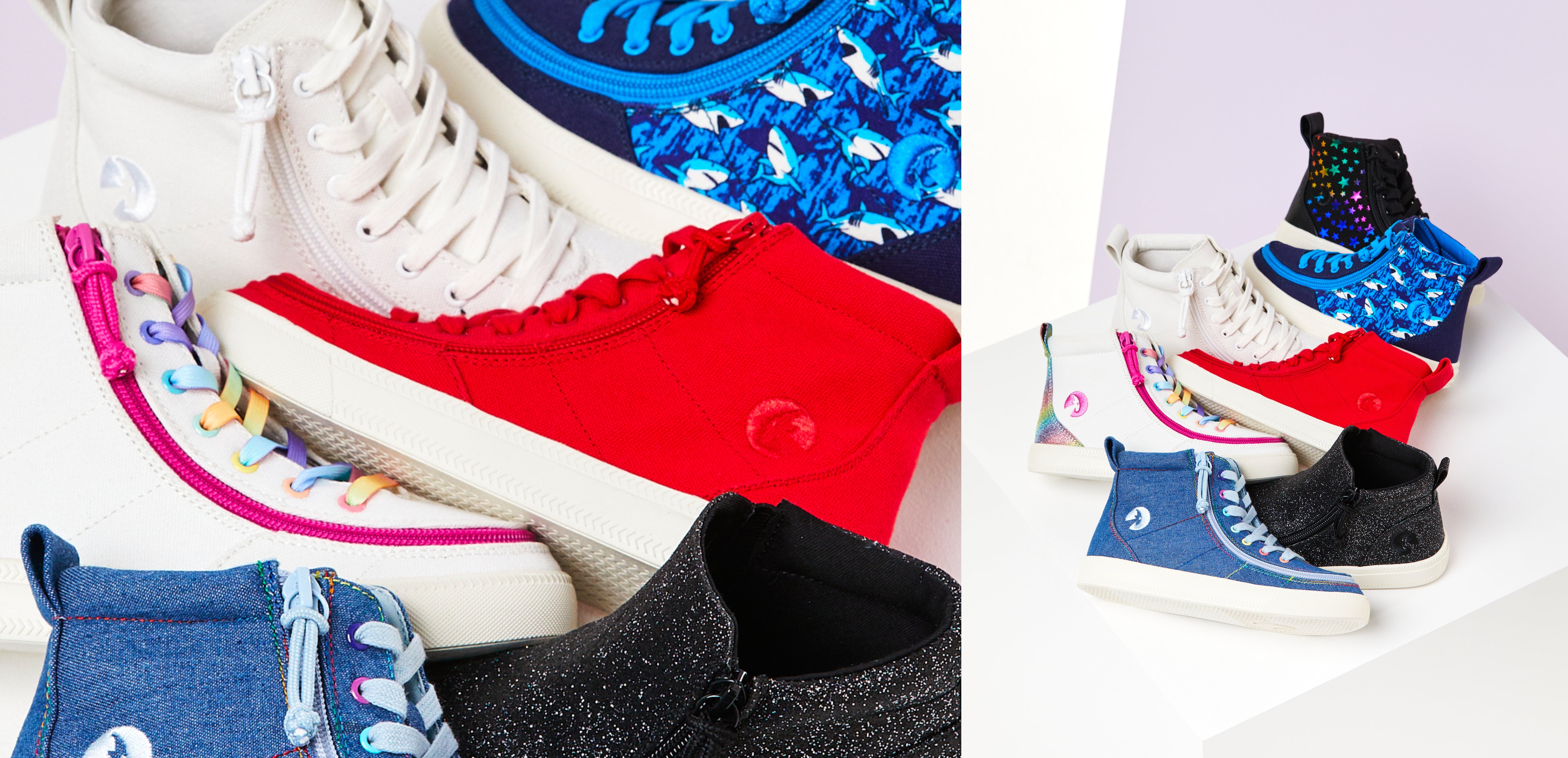 Alt text: A split image showing a close-up of Billy Footwear in various colours &  a distance shot of the Billy footwear.