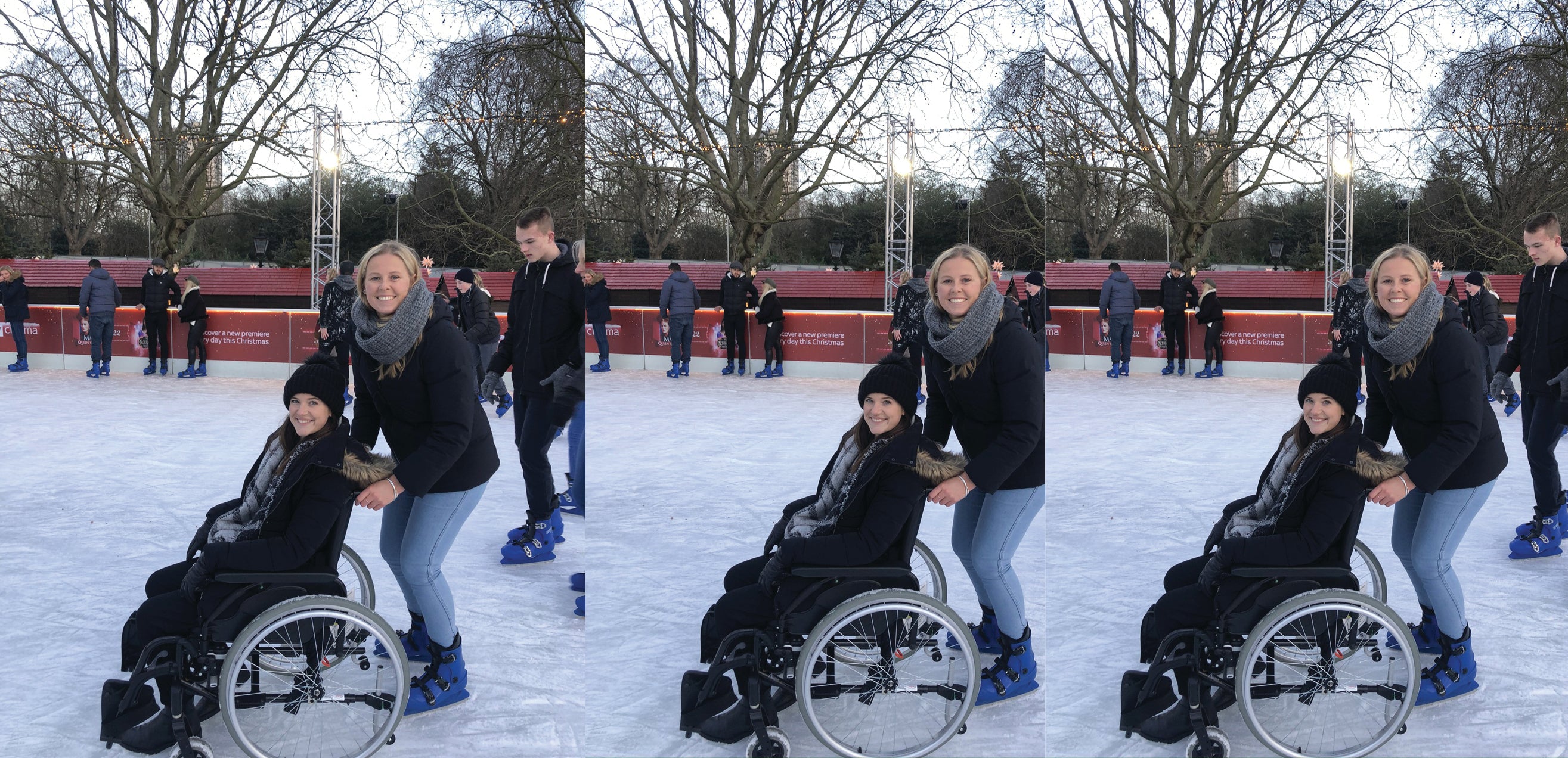 Alt text: Sarah Author in a sequenced shot ice-skating on a lake in her wheelchair. Enjoying herself with her friend. 