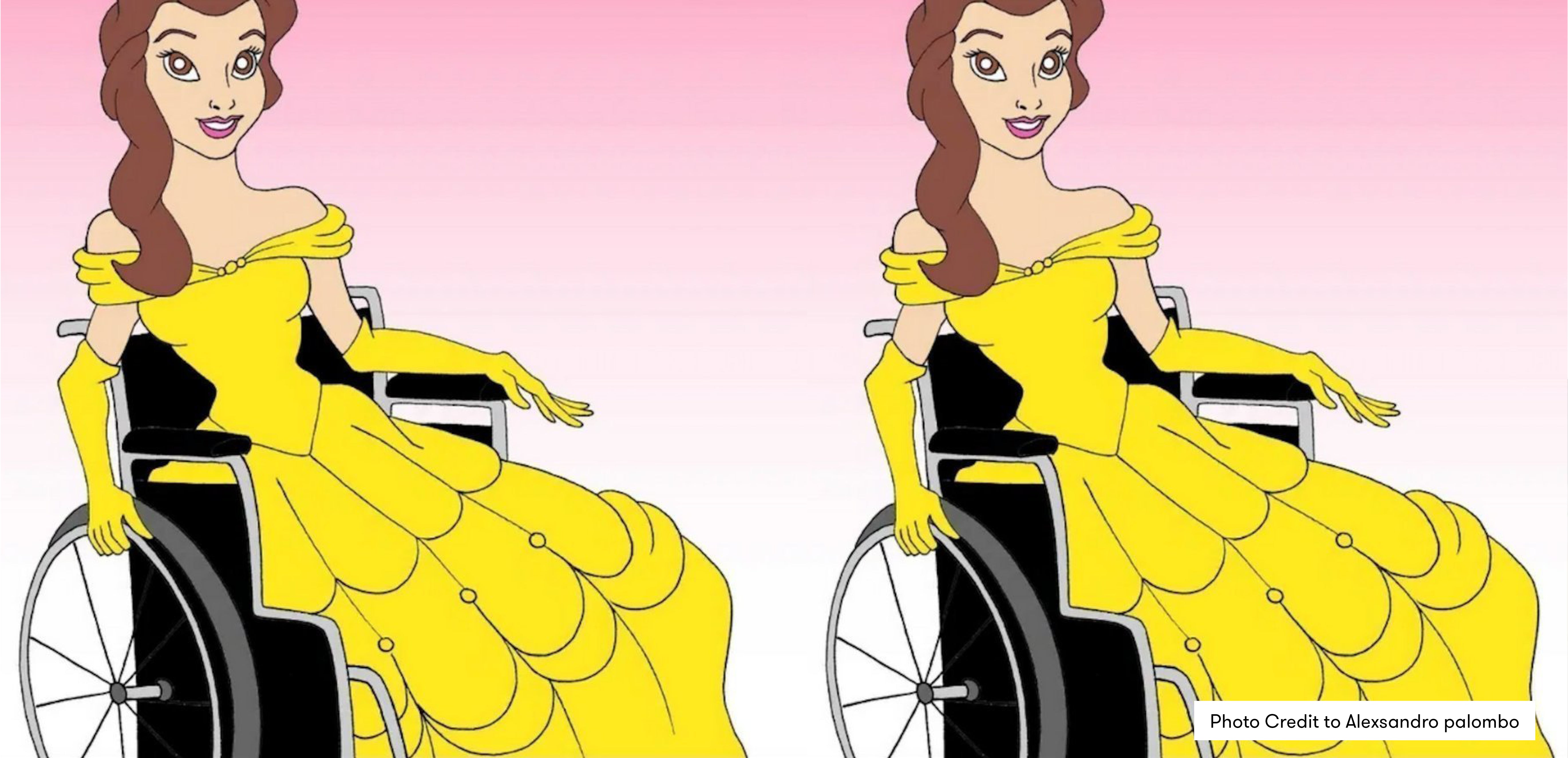 Alt text:  Duplicate image of cartoon drawing of a Disney styled Princess in a yellow dress sitting in her wheelchair.